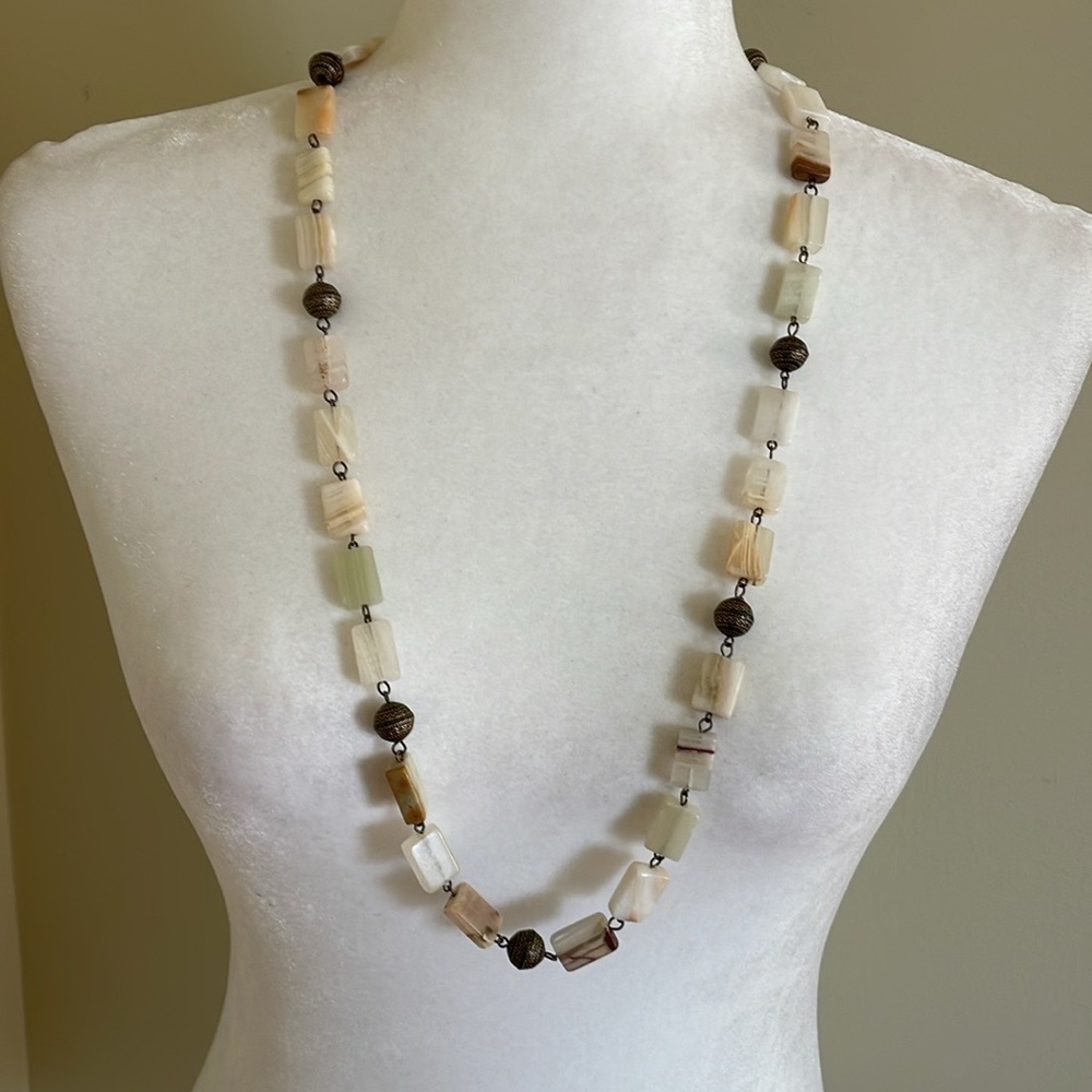 HAND CRAFTED Boho Statement Necklace Antiqued Brass & Italian Onyx White Cream - Picture 6 of 10